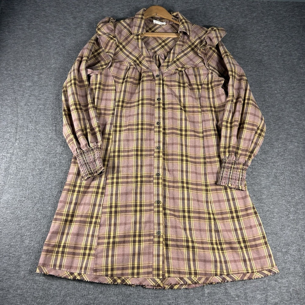 Women's Plaid Puff Sleeve Academia Button Up Shirt Dress Size S Raw Hem‎ Granola